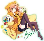  ayamisiro blush candy food long_hair looking_at_viewer love-ressive open_mouth orange_hair smile solo thighhighs yellow_eyes yuizuki_kotora 