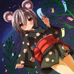  animal_ears bamboo blush floral_print greatmosu grey_hair grey_panties highres japanese_clothes kimono long_sleeves looking_at_viewer mouse_ears nazrin night obi panties red_eyes sash sky smile solo star_(sky) starry_sky tanabata tanzaku touhou underwear upskirt wide_sleeves yukata 