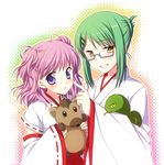  ayamisiro blush glasses green_hair grin haizawa_ena japanese_clothes kaga_miki looking_at_viewer love-ressive miko multiple_girls pink_hair purple_eyes short_hair smile snake yellow_eyes 