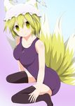  absurdres animal_ears bad_id bad_pixiv_id black_hair black_legwear breasts fox_ears fox_tail hat hat_ribbon highres large_breasts masa_masa one-piece_swimsuit purple_school_swimsuit ribbon school_swimsuit short_hair sitting solo swimsuit tail thighhighs touhou wariza yakumo_ran yellow_eyes 