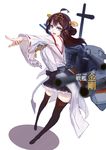  ahoge bare_shoulders blue_eyes blurry brown_hair charimei depth_of_field hair_bun hair_ornament highres kantai_collection kongou_(kantai_collection) open_mouth pointing skirt solo thighhighs turret 