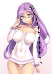  adjusting_eyewear breasts choker covered_navel fantasista_doll glass glasses impossible_clothes large_breasts lintanghaseo long_hair looking_at_viewer madeleine_(fantasista_doll) neck_ribbon purple_eyes purple_hair ribbon semi-rimless_eyewear shiny shiny_skin smile solo thigh_gap under-rim_eyewear 