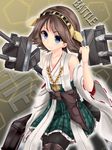  bad_id bad_pixiv_id bare_shoulders black_legwear blue_eyes brown_hair detached_sleeves grin hairband headgear hiei_(kantai_collection) highres japanese_clothes kantai_collection mokufuu pantyhose short_hair skirt smile solo turret 