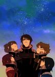  3boys asagi_toshikazu bad_id bad_pixiv_id bodysuit el2 glasses highres hitachi_izuru irie_tamaki kugimiya_kei long_hair majestic_prince multiple_boys multiple_girls red_eyes short_hair sky star_(sky) suruga_ataru 