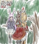  animal_ears bald bandages bunny_ears dress god_of_war hat image_sample inubashiri_momiji kratos long_hair multiple_girls nameo_(judgemasterkou) necktie nicoseiga_sample pink_hair red_eyes reisen_udongein_inaba short_hair silver_hair skirt sword tattoo touhou weapon 