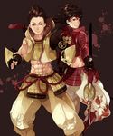  bad_id bad_pixiv_id brown_eyes brown_hair foreshortening headband kerogi_haku midriff multiple_boys polearm red_eyes sanada_yukimura_(sengoku_basara) sengoku_basara spear tokugawa_ieyasu_(sengoku_basara) vest weapon yari 