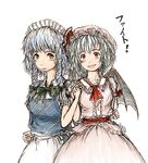  apron blue_hair bow braid daro demon_wings holding_hands interlocked_fingers izayoi_sakuya looking_at_viewer maid maid_headdress multiple_girls red_eyes remilia_scarlet short_hair sketch touhou twin_braids waist_apron wings yellow_eyes 