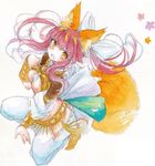  amaterasu_(fate) animal_ears bad_id bad_pixiv_id breasts dancer fate/extra fate/extra_ccc fate_(series) fina_(sa47rin5) fox_ears fox_tail hair_ribbon medium_breasts pink_hair ribbon solo tail tamamo_(fate)_(all) tamamo_no_mae_(fate) traditional_media twintails underboob watercolor_(medium) yellow_eyes 