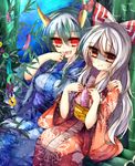  bamboo caved fangs fujiwara_no_mokou green_hair japanese_clothes kaenuco kamishirasawa_keine kimono long_hair multiple_girls red_eyes ribbon shaded_face silver_hair sweat tanabata tanzaku touhou you_gonna_get_raped 