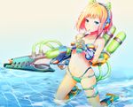  bikini blonde_hair blue_eyes boots cup drink drinking drinking_straw food fruit gloves ice_cream ken_(fkenorat) kneeling navel orange original short_hair solo swimsuit thigh_strap water water_gun 