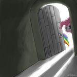  backlit blue_eyes cupcakes_(mlp_fanfic) dark door doorway dutch_angle equine female feral friendship_is_magic fur hair horse horseshoe john_joseco light mammal my_little_pony pink_fur pink_hair pinkie_pie_(mlp) pony rainbow_dash_(mlp) shadow smile 