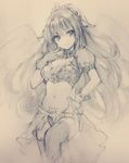  breasts cleavage copyright_request gloves graphite_(medium) hand_on_hip hand_on_own_chest leg_up light_smile medium_breasts momoko_(momopoco) navel sketch solo thighhighs traditional_media wings 
