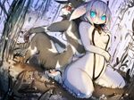  blue_eyes breasts clothed clothing duo female forest hi_res kneeling lagomorph liki looking_at_viewer mammal nude outside pawpads rabbit seated skimpy sling_bikini swimsuit tight_clothing tree unknown_species 