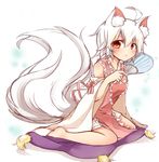  ahoge alternate_costume animal_ears apron barefoot blush commentary detached_sleeves fan inubashiri_momiji long_sleeves looking_at_viewer orange_eyes pillow silver_hair sitting solo tail tosura-ayato touhou wariza wide_sleeves wolf_ears wolf_tail 