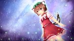  animal_ears ascot brown_hair cat_ears cat_tail chen grass hat kane-neko looking_up milky_way multiple_tails night night_sky short_hair skirt sky solo star_(sky) starry_sky tail touhou 