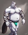  2013 biceps bulge canine looking_at_viewer male musclegut one_eye_closed open_mouth skimpy solo stripes taoren topless underwear wolf 