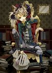  animal_ears bag belt book book_stack bookshelf boots chair feet_on_chair fingernails gloves green_eyes hat knee_boots long_fingernails male_focus original pinstripe_pattern silver_hair sitting solo striped sword tail weapon zaza_(x-can01) 