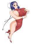  1girl aq_interactive arcana_heart atlus blue_hair breast_lift breasts ebata examu female green_eyes huge_breasts komiyama mei-fang shiny shiny_skin short_hair thighs 