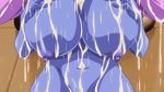  1girl aku_no_onna_kanbu animated animated_gif blue_skin blush breasts demon_girl efa_guranaada female gigantic_breasts huge_breasts milk milk_shower monster_girl nipples purple_hair solo sweat talking 