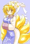  blonde_hair blue_background blush breast_hold breasts character_name fox_tail gomamiso_(gomamiso_sp) hands_in_opposite_sleeves hat looking_at_viewer medium_breasts multiple_tails short_hair simple_background smile solo tail touhou yakumo_ran yellow_eyes 
