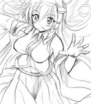  blush breasts detached_sleeves gomamiso_(gomamiso_sp) greyscale highres kochiya_sanae large_breasts long_hair monochrome open_mouth touhou 