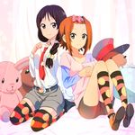  akiyama_mio bad_id bad_pixiv_id black_eyes black_hair braid brown_eyes brown_hair doll fashion highres k-on! kneehighs long_hair multiple_girls necktie official_style piroaki short_hair sitting smile stuffed_animal stuffed_bunny stuffed_toy tainaka_ritsu thighhighs 