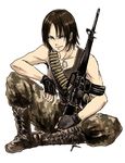  ajitsuke_nori assault_rifle boots contemporary cross-laced_footwear fingerless_gloves full_body gloves gun jewelry m16a1 necklace pants rifle shingeki_no_kyojin short_hair sitting solo tank_top weapon white_background ymir_(shingeki_no_kyojin) 