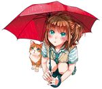  blush brown_hair cat green_eyes kurahashi_riko long_hair looking_up love_lab miyahara_ruri necktie rain school_uniform side_ponytail skirt squatting umbrella water_drop 