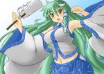  :o aqua_background blue_background blush breasts colorized detached_sleeves frog_hair_ornament gohei gomamiso_(gomamiso_sp) gradient gradient_background green_hair hair_ornament hair_tubes kochiya_sanae long_hair medium_breasts midriff navel open_mouth snake snake_hair_ornament solo tatsuhito_(ryuugendou) touhou very_long_hair white_background yellow_eyes 