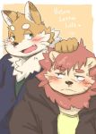  2016 anthro blush canine clothed clothing dog duo english_text feline green_eyes humanoid_hands kota&acute; lion male mammal overweight overweight_male pantherine simple_background text 