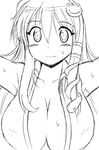  blush breasts cleavage frog_hair_ornament gomamiso_(gomamiso_sp) greyscale hair_ornament highres huge_breasts kochiya_sanae long_hair looking_at_viewer monochrome simple_background snake_hair_ornament solo sweat touhou upper_body wavy_mouth white_background 