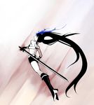  back bikini_top black_gloves black_hair black_rock_shooter black_rock_shooter_(character) blue_fire boots burning_eye eu03 fire gloves knee_boots long_hair pale_skin shorts solo sword twintails uneven_twintails very_long_hair weapon 