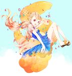  blonde_hair kamari_(kama_ri) legs long_hair orangina personification red_eyes sandals smile solo toenail_polish twintails 