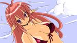  :o bikini blush breasts cleavage cloud elf front-tie_top gomamiso_(gomamiso_sp) large_breasts long_hair looking_at_viewer oekaki original pink_hair pointy_ears purple_eyes shiny shiny_hair sky solo swimsuit upper_body 