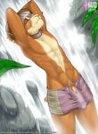  armpits caprine clothing collar hair male outside penis pubes purple_shorts ram skinny solo waterfall wet white_hair 