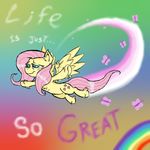  arthropod butterfly cutie_mark cyan_eyes english_text equine feathers female feral fluttershy_(mlp) flying friendship_is_magic fur hair hooves horse ichibangravity insect long_hair mammal my_little_pony pegasus pink_hair pony rainbow smile solo stoned text wings yellow_fur 