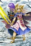  adapted_costume alternate_costume blonde_hair boots commentary gradient_hair hijiri_byakuren kawachi_koorogi long_hair multicolored_hair multiple_girls open_mouth short_hair sword touhou toyosatomimi_no_miko traditional_media watercolor_(medium) weapon 