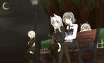  amai_nekuta animal_ears bench black_legwear blonde_hair blush boots can crossed_arms cup dark drink eila_ilmatar_juutilainen glasses gloves green_eyes grey_hair heidimarie_w_schnaufer heinrike_prinzessin_zu_sayn-wittgenstein highres leaning long_hair looking_at_another military military_uniform moon multiple_girls necktie night noble_witches pantyhose park park_bench peeking_out pouring purple_eyes red_eyes sanya_v_litvyak silver_hair sitting skirt strike_witches stuffed_toy tail thighhighs uniform white_hair world_witches_series 