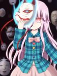  blue_fire bow bowtie buttons cowboy_shot expressionless fire fox_mask hannya hata_no_kokoro holding holding_mask long_hair long_sleeves looking_at_viewer magic mask noh_mask pink_bow pink_hair pink_neckwear plaid plaid_shirt ry shirt solo touhou 