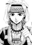  amira bow_(weapon) earrings head_scarf holding jewelry light_smile monochrome necklace otoyomegatari pearl pearl_necklace riotactxx solo upper_body weapon 