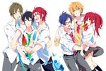  5boys black_hair blonde_hair blue_eyes blue_hair blush brown_hair food free! green_eyes guru_(nicocco) hazuki_nagisa long_hair matsuoka_gou matsuoka_rin multiple_boys nanase_haruka_(free!) one_eye_closed ponytail popsicle red_eyes red_hair ryuugazaki_rei school_uniform short_hair tachibana_makoto watermelon_bar 