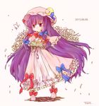 2013 artist_name book bow bug butterfly crescent dated dress frills full_body hat insect long_hair patchouli_knowledge purple_eyes purple_hair solo tisha_(kimagurenukosan) touhou 