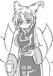  breasts cup fox_tail gomamiso_(gomamiso_sp) greyscale hat medium_breasts monochrome multiple_tails short_hair simple_background smile solo tail touhou tray white_background yakumo_ran 