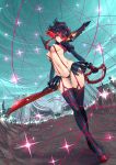  1girl adsouto black_hair blue_eyes boots breasts gloves hair_ornament high_heel_boots high_heels kill_la_kill large_breasts lips matoi_ryuuko microskirt multicolored_hair navel pleated_skirt red_hair revealing_clothes scissor_blade senketsu short_hair skirt solo thigh_boots thighhighs wardrobe_malfunction weapon 