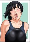  amagami bangs black_border black_eyes black_hair blush border clavicle collarbone competition_swimsuit covered_nipples erect_nipples female frame medium_hair one-piece_swimsuit open_mouth osomatu-sama ponytail solo swimsuit tongue tongue_out tsukahara_hibiki wet white_border 