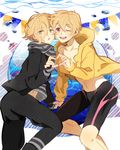  ;d blonde_hair blush crossover free! hazuki_nagisa heart heart_hands heart_hands_duo highres jacket jammers kyara1103 male_focus mikado_nagi multiple_boys navel one_eye_closed open_mouth pink_eyes season_connection seiyuu_connection smile swimsuit uta_no_prince-sama uta_no_prince-sama_maji_love_2000_percent yellow_eyes yonaga_tsubasa 