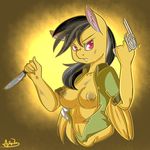  anthro anthrofied arnachy black_hair breasts brown_fur clothing daring_do_(mlp) equine female friendship_is_magic fur gun hair horse knife mammal my_little_pony nipples pegasus pony purple_eyes ranged_weapon solo two_tone_hair weapon wings 