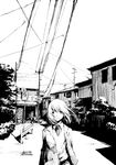  bad_id bad_pixiv_id expressionless greyscale hanno highres ink_(medium) looking_at_viewer monochrome original pen_(medium) perspective power_lines road school_uniform short_hair sign solo stop_sign street traditional_media wind 