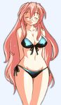  aqua_background arms_behind_back bikini blush breasts cleavage closed_eyes glasses gomamiso_(gomamiso_sp) large_breasts long_hair lucky_star open_mouth pink_hair simple_background smile solo swimsuit takara_miyuki very_long_hair wide_hips 
