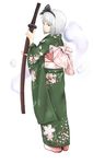  floral_print from_behind green_kimono highres holding holding_sword holding_weapon japanese_clothes katana kimono konpaku_youmu konpaku_youmu_(ghost) looking_back michael-x obi sash scabbard sheath sheathed sword touhou weapon white_background zouri 